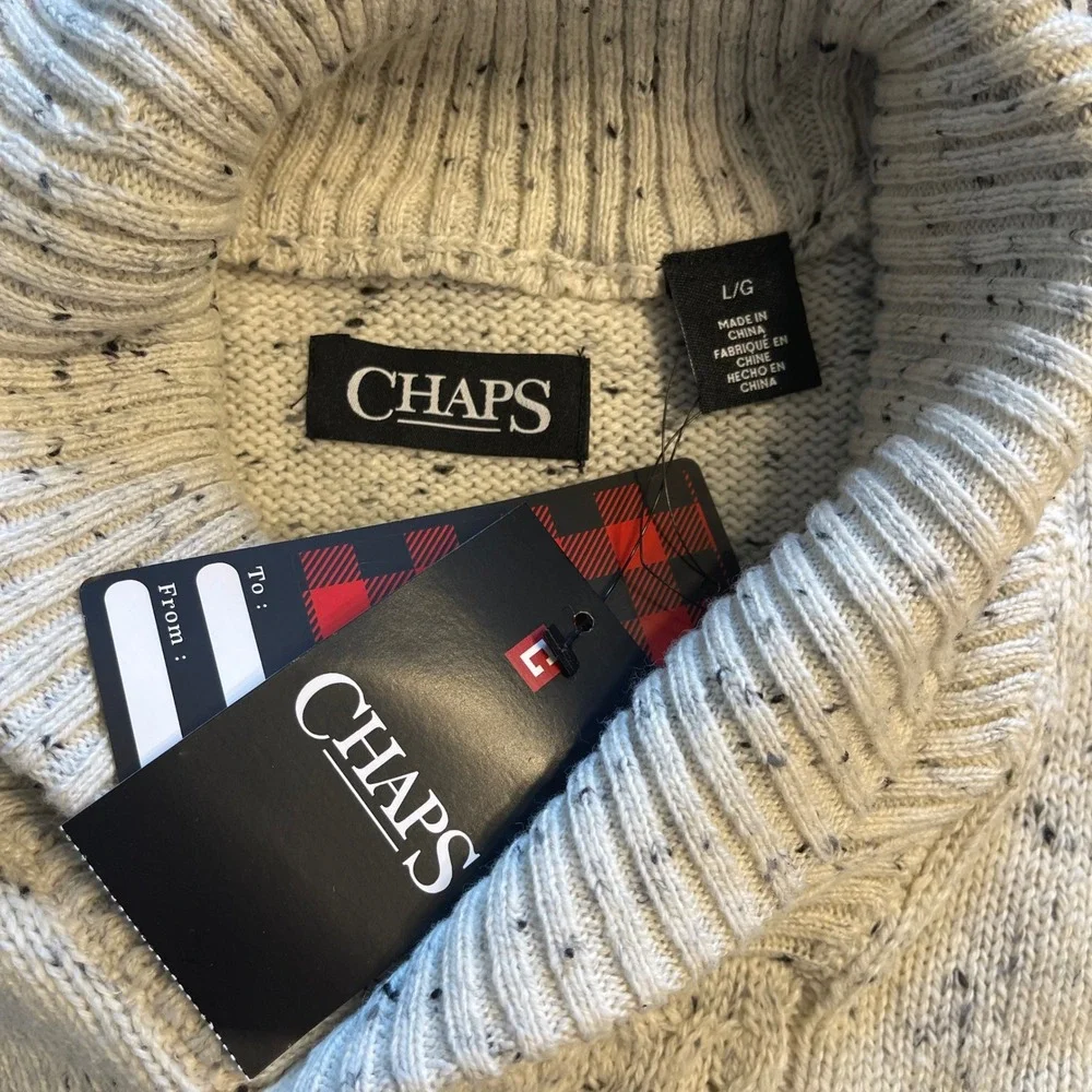 Chaps Mens Shawl Collar Cable Knit Pullover‎ Sweater Cream Grey Marl Large NWT